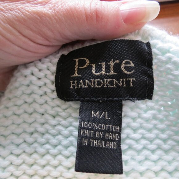 Pure Handknit Seafoam Green V-Neck Sweater 100% Cotton Button Details Medium - Picture 7 of 9